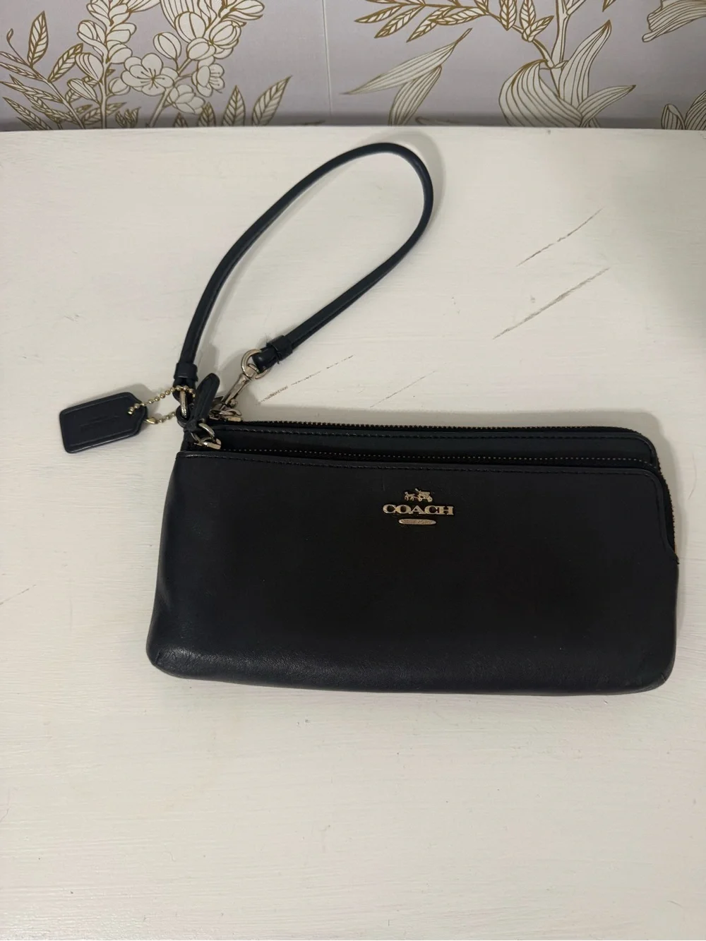 Coach Black Leather Double-Zip Wristlet with Gold Logo